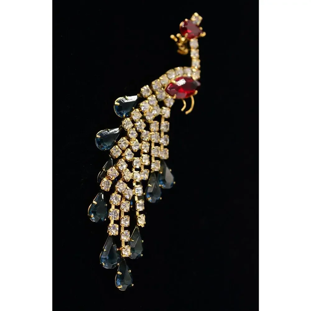 Vintage Crystal Peacock Pin Brooch Prong Blue Pink Rhinestone Gold NOS 1980s 9B